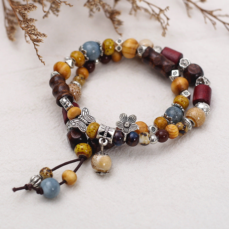 Handmade Vintage Style Ethnic Double Ceramic Beaded Bracelet