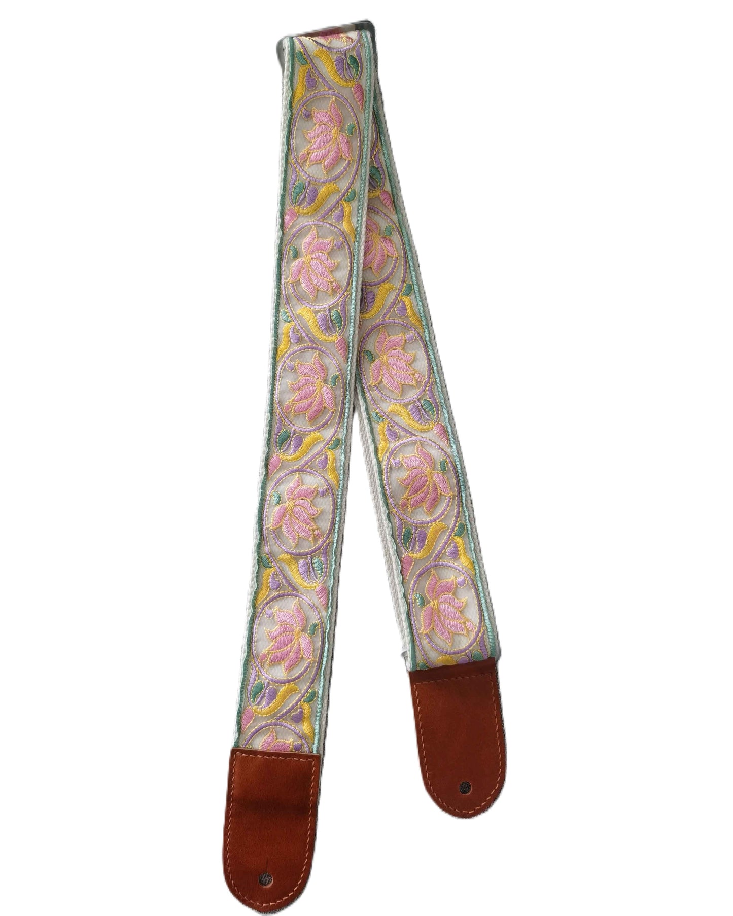 Pink Lotus Embroidery Guitar Strap - Handcrafted Adjustable