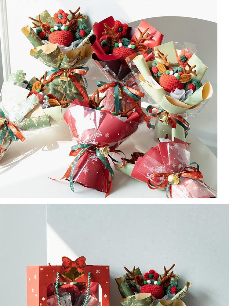 Christmas Woven Bouquet Finished Handmade Knitted Christmas Eve Fruit Cute Elk Wool Flowers Fine Packaging Portable Gift Bag - F.B DAISY