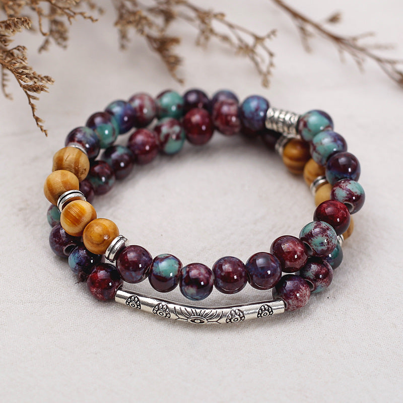 Handmade Vintage Style Ethnic Double Ceramic Beaded Bracelet