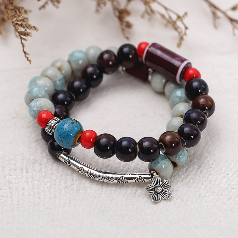 Handmade Vintage Style Ethnic Double Ceramic Beaded Bracelet