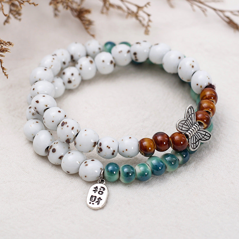 Handmade Vintage Style Ethnic Double Ceramic Beaded Bracelet