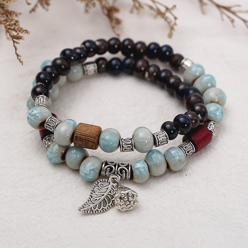 Handmade Vintage Style Ethnic Double Ceramic Beaded Bracelet