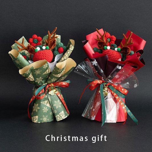 Christmas Woven Bouquet Finished Handmade Knitted Christmas Eve Fruit Cute Elk Wool Flowers Fine Packaging Portable Gift Bag - F.B DAISY